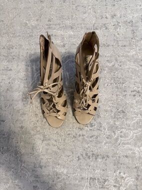 Neiman Marcus Nude Lace-Up Cage Heels